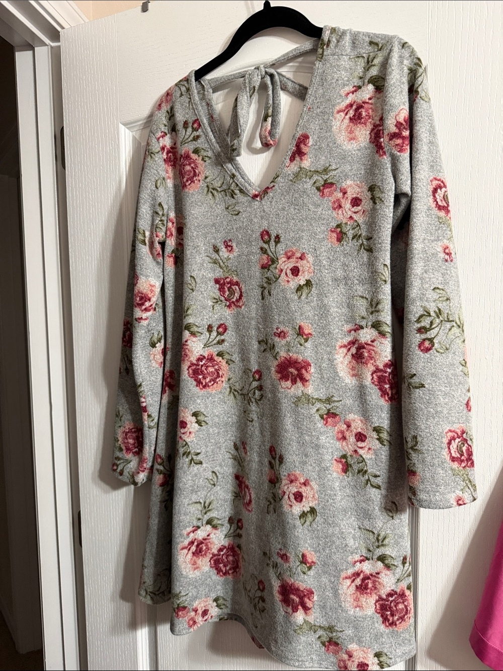 a new day Gray Floral V‑Neck Tie‑Back Dress
